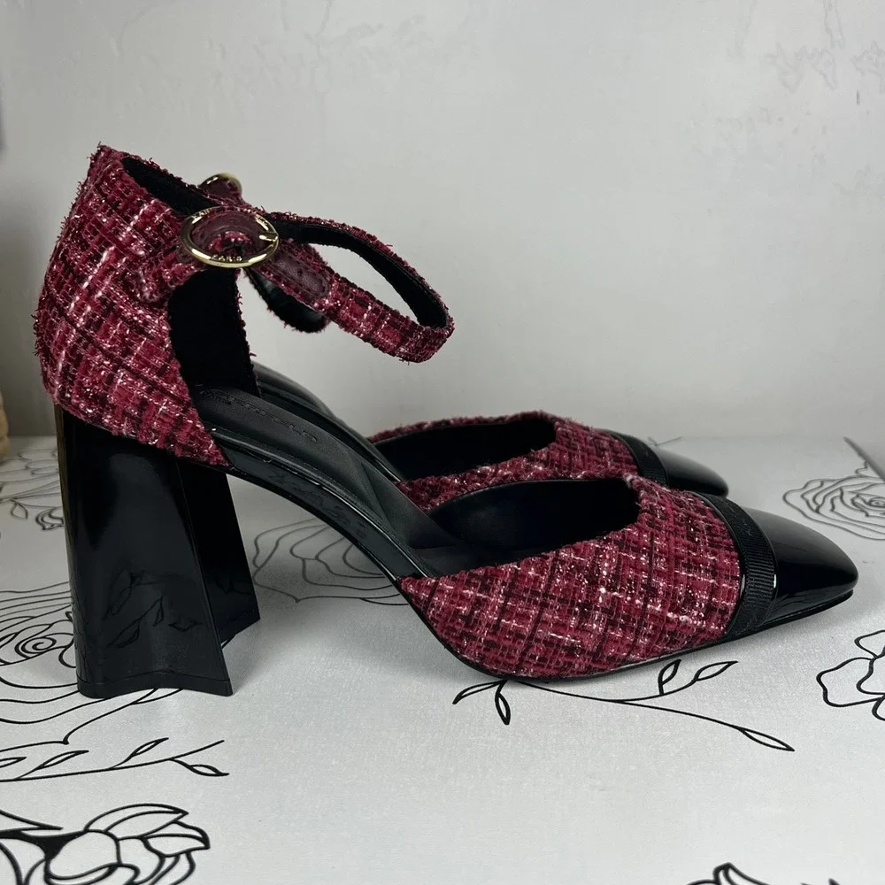 Karl Lagerfeld Paris Sapphira Tweed Cap Toe Block Heel Pumps Burgundy 8.5M